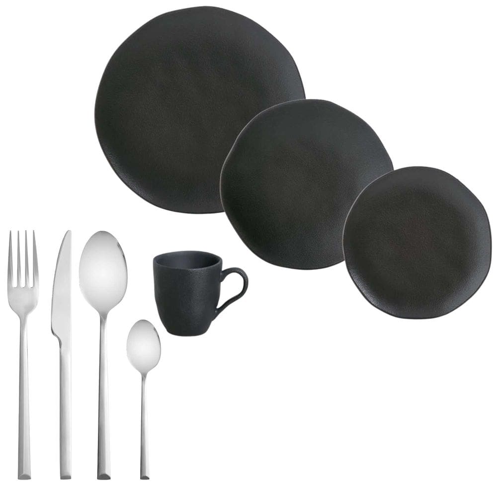 Kit Aparelho de Jantar 16 Peças Stoneware Orgânico Preto Porto Brasil + Faqueiro Oslo 16 Peças em Aço Inox da Wolff