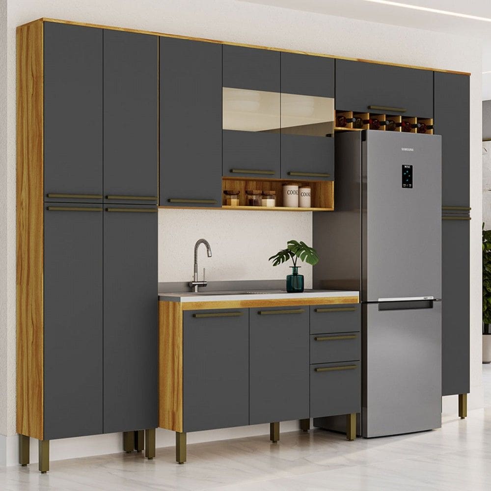 Armário de Cozinha Modulada com Balcão para Pia 13 Portas 2 Gavetas Xangai 100% Mdf com Vidro Reflecta Amêndoa/Cinza - Pnr Móveis