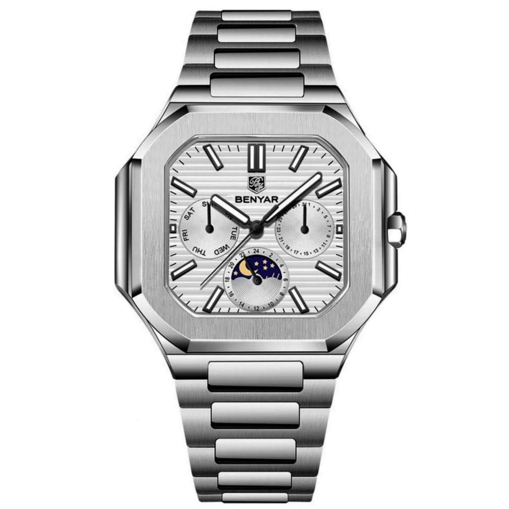 Relógio masculino quadrado em aço inoxidável multifuncional design esportivo