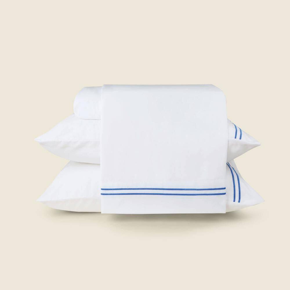 Jogo de Cama Lines Microfibra Branco com Bordado Azul - A\\CASA