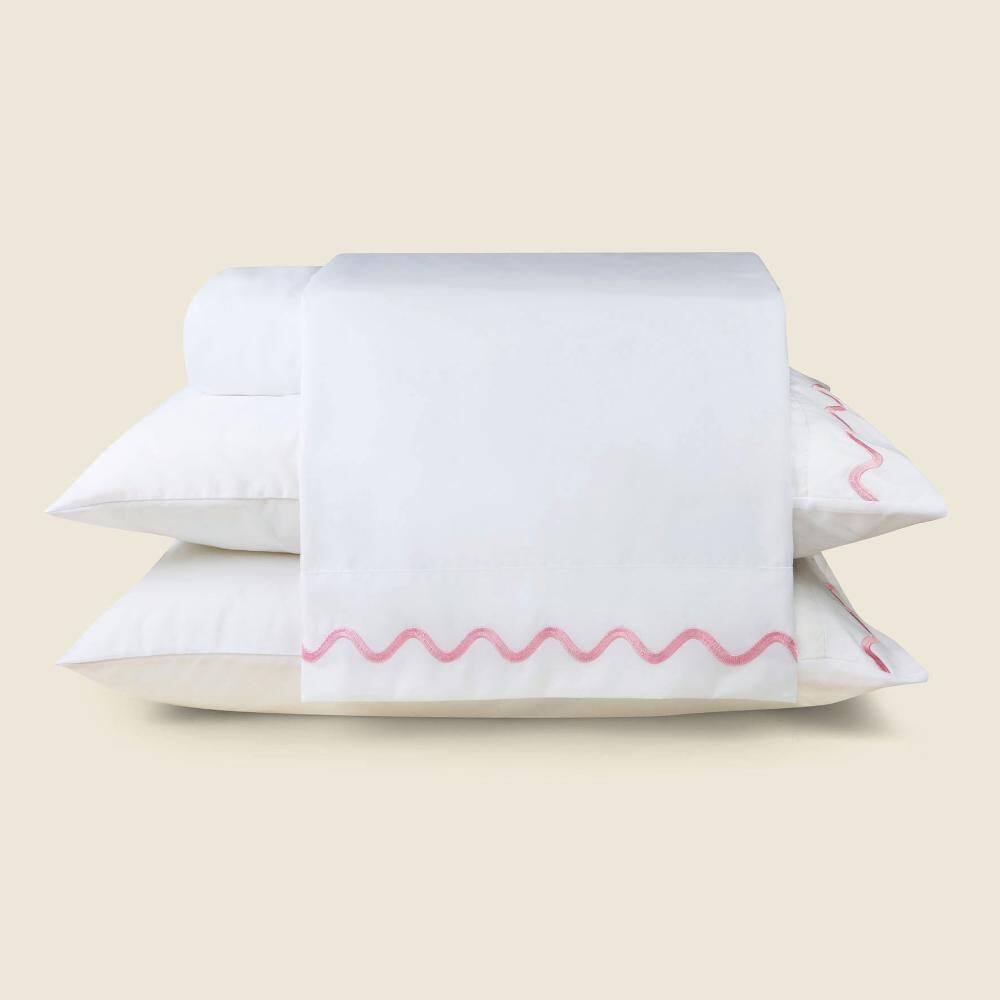 Jogo de Cama Lines Microfibra Branco com Bordado Rosa - A\\CASA