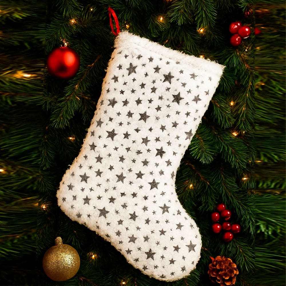 Bota Meia Pelúcida Pendente Enfeite Natalino Estrelas 32cm