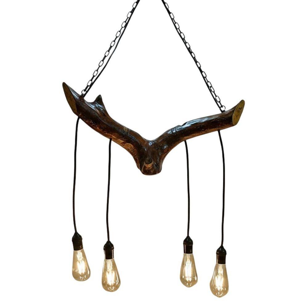 Lustre Rústico Madeira Tronco 58cm Com 4 Pendentes E27
