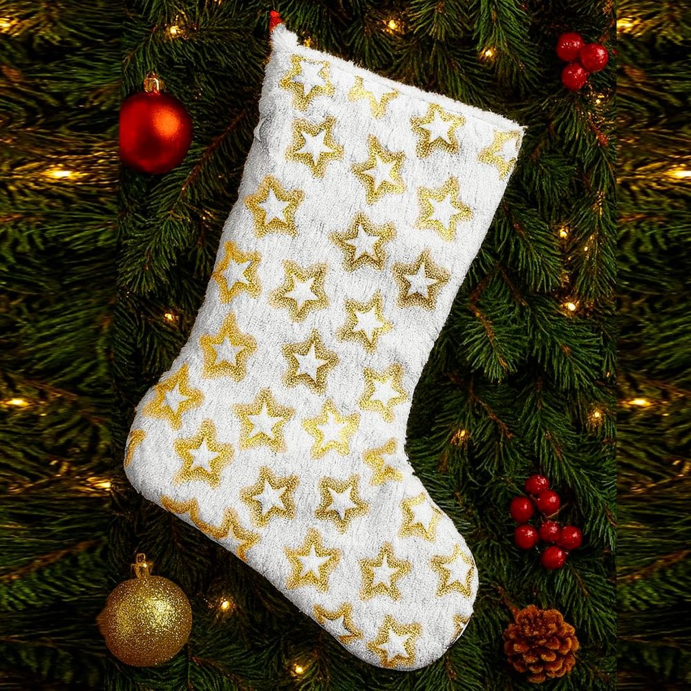 Meia Bota Pelúcida Pendente Enfeite Natalino Estrelas 32cm