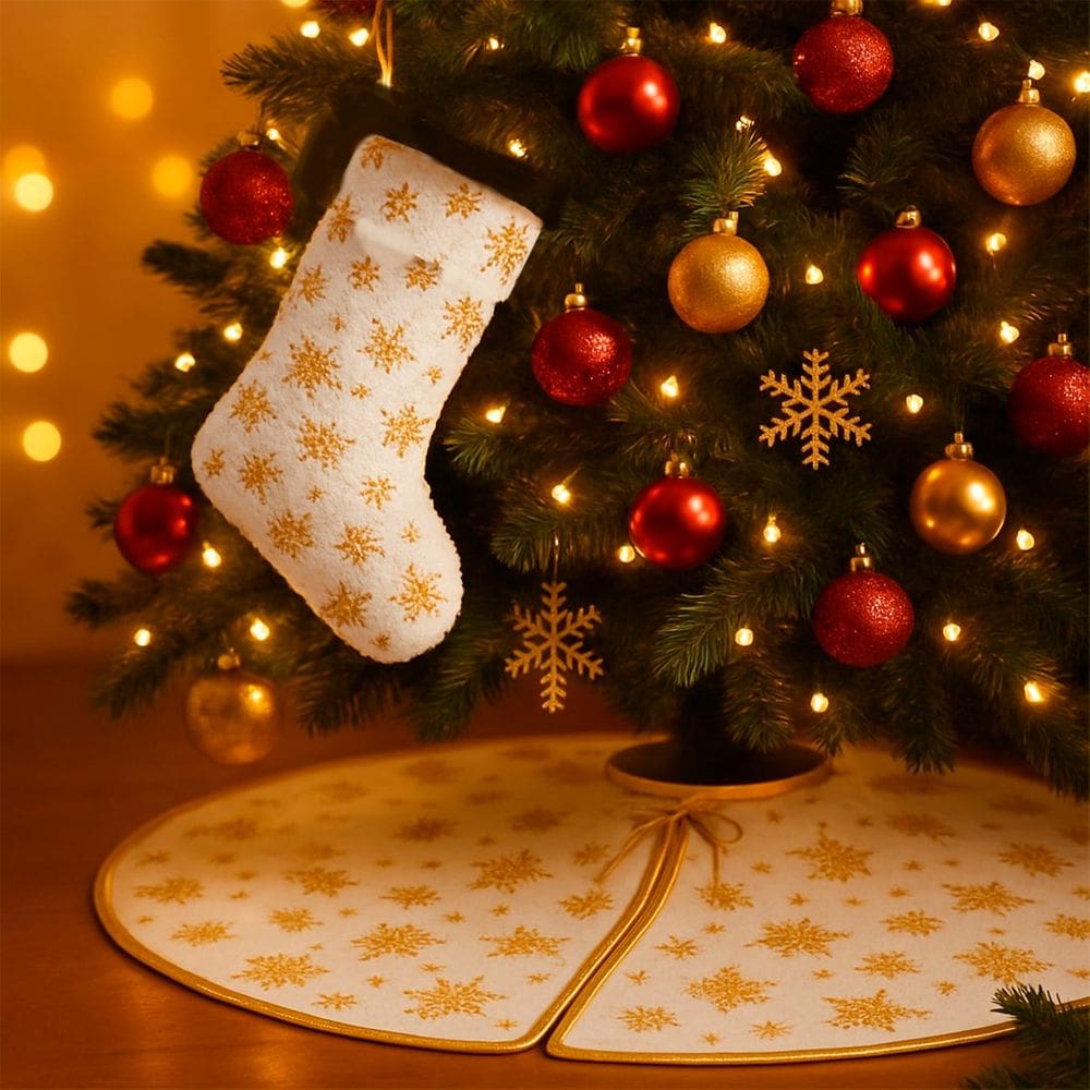 Meia Bota Saia Decoração Flocos Neve Árvore Natal Pelúciado