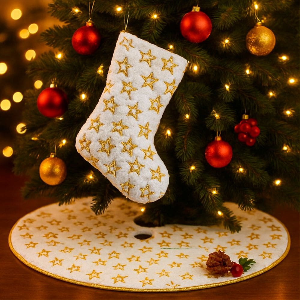 Meia Bota e Saia Enfeite Estrelinhas Árvore Natal Pelúciado