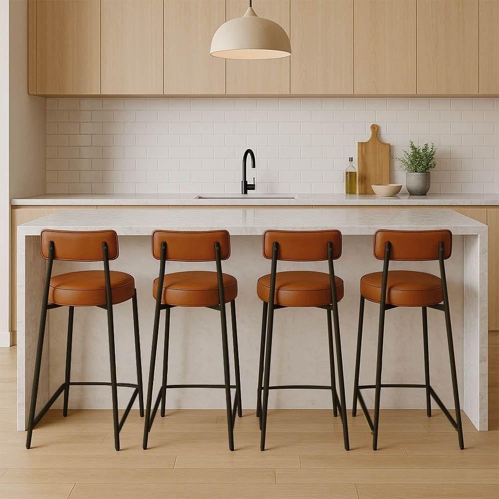 Banqueta Cozinha Alta Com Encosto Industrial Preto Kit 4 Londres Pu Nozes D03 - D`rossi