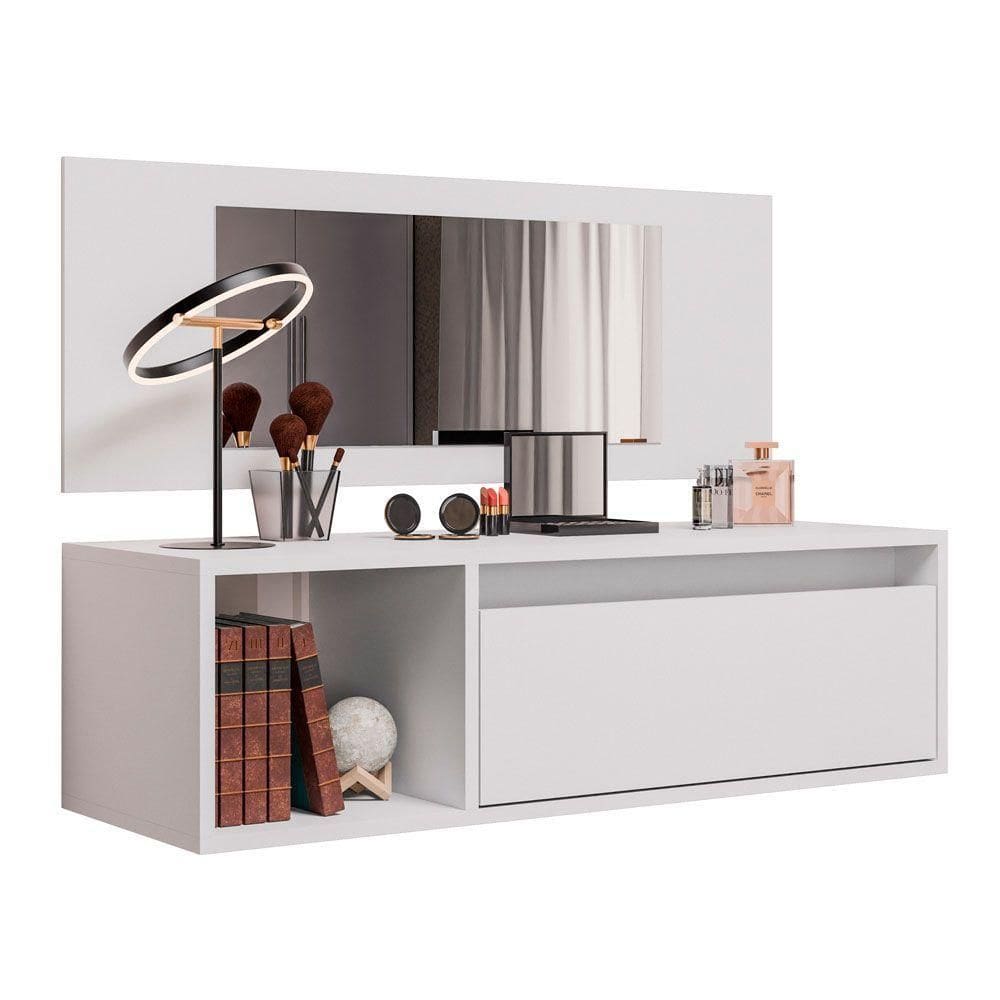 Penteadeira Mesa De Maquiagem Eva Suspensa 01 Porta Com Espelho Branco - Abmaza