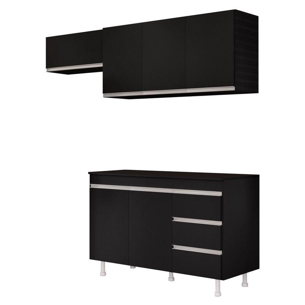 Cozinha Planejada Lux 3 Peças mdf Com Balcão Gabinete Tampo 120cm 3 Gavetas Preto - Abmaza