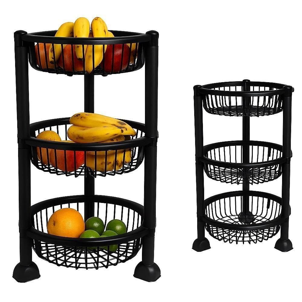 Organizador Chao 3 Prateleiras Fruteira Andares Estante Multiuso Cesto Desmontavel Redonda Cozinha Banheiro Preta