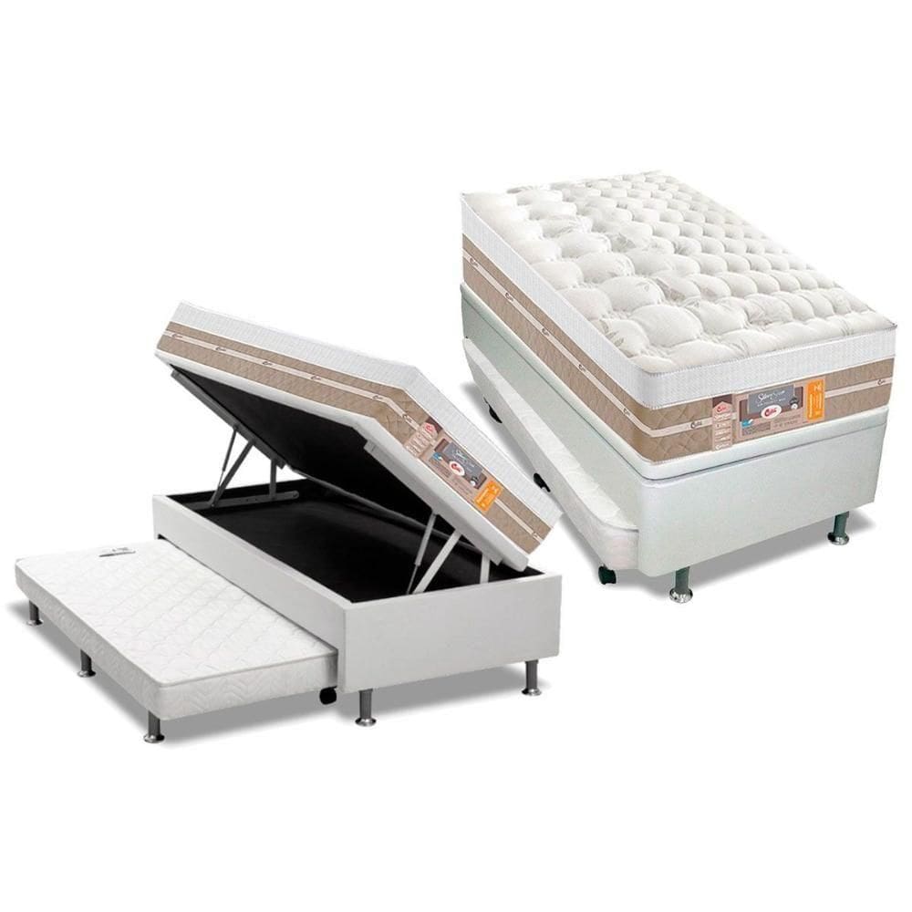Cama Box Baú C-auxiliar Solteiro: Colchão Molas Castor Silver Star Air + Base Crc Courano Branco(88x188)