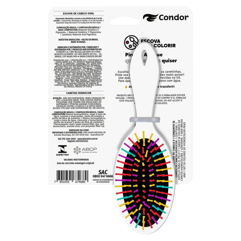 Kit 1 Escova para Cabelo Oval + 6 Canetas Hidrocor Condor para Colorir