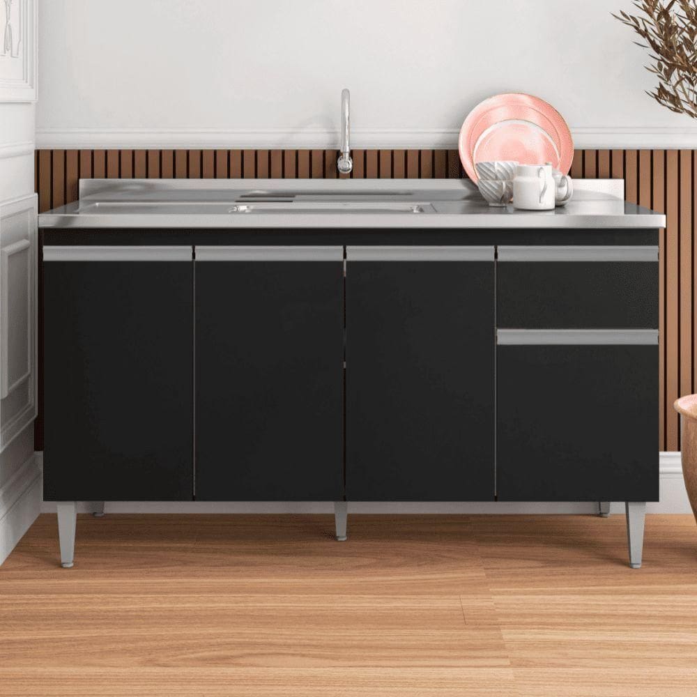 Balcão Gabinete De Pia Para Cozinha Sem Tampo 150cm Tatiane Preto- Mabe Magazine