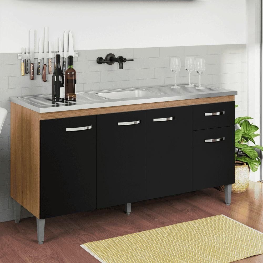 Balcão Gabinete De Pia Cozinha Multiuso 150cm Sem Tampo Gabriela Amêndoa/preto- Mabe Magazine