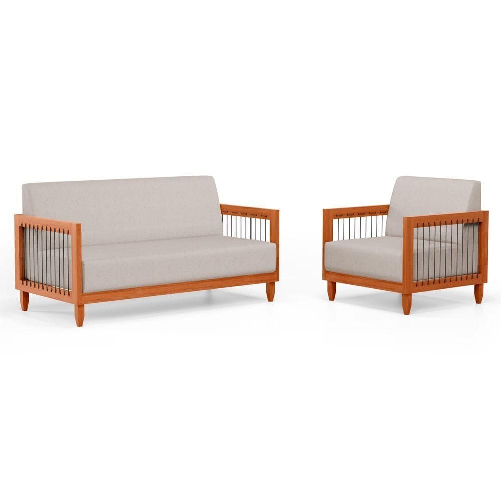 Kit Poltrona E Sofá Varanda Samoa Madeira Maciça Com Cordas Náutica Linho Rústico Areia - Abmaza