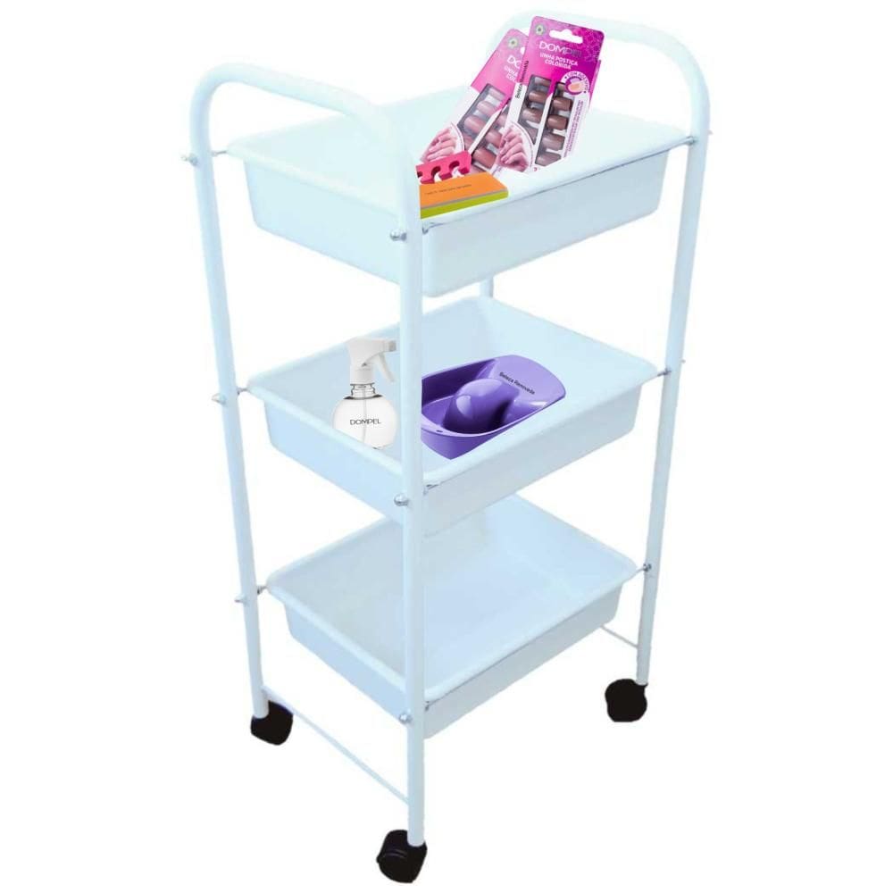 Carrinho Auxiliar Estética 1 Tampo MDF + 2 Bandejas