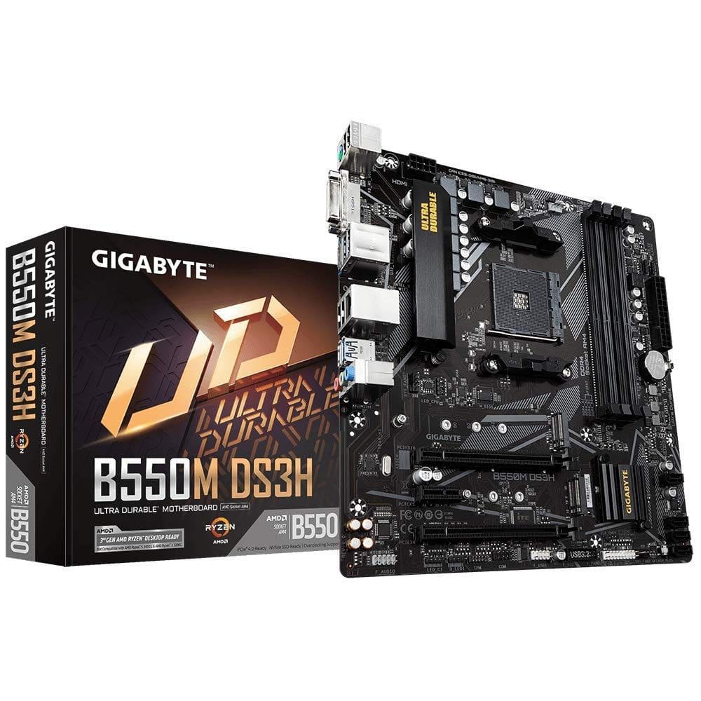 Placa Mãe Gigabyte B550M DS3H (rev. 1.0/1.1/1.2/1.3) AMD AM4, mATX, 4x DDR4 128GB, 2xM.2 NVMe, PCIe 4.0, HDMI, DVI