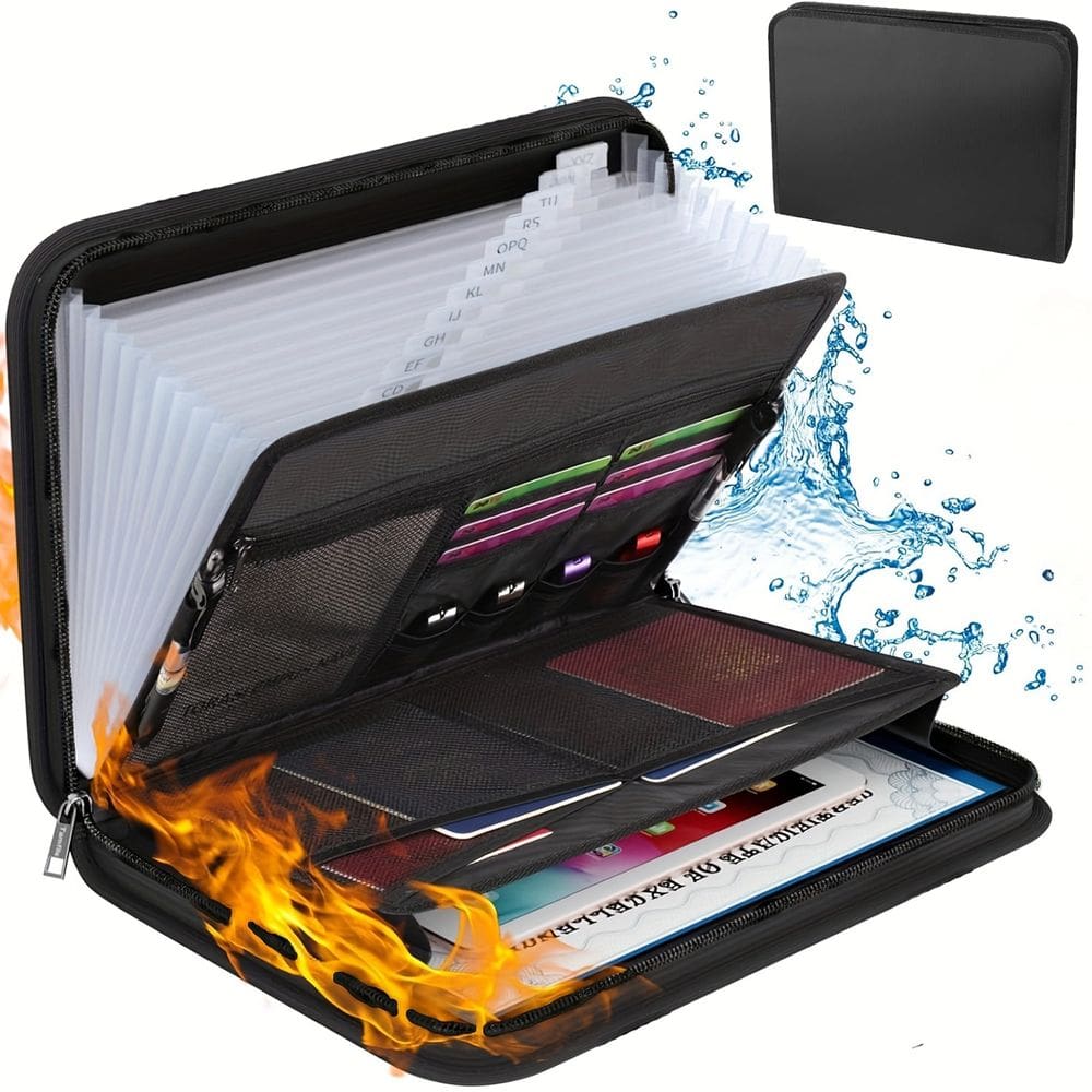 Pasta de acordeão à prova de fogo à prova de fogo, 13 bolsos, preta