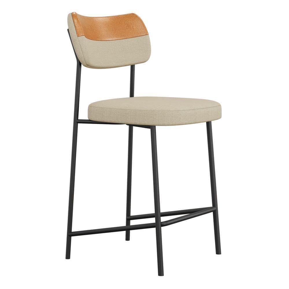 Banqueta Média Cozinha Lila Estofada Couríssimo Whisky Linho Bege - Abmaza