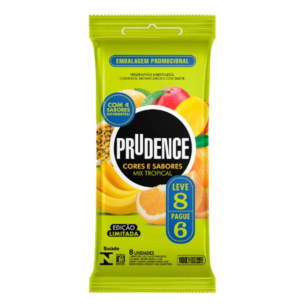 Preservativo Prudence Cores e Sabores Mix Tropical Leve 8 Pague 6 Unidades