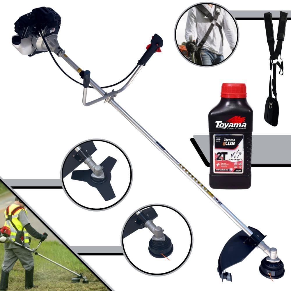 Roçadeira Robusta À Gasolina Toyama RT43LB25A 43cc 1,7HP de Potência 2 Tempos Alta Rotação Completa Com Carretel Nylon + Faca 3 Pontas + ÓLEO TOYAMA