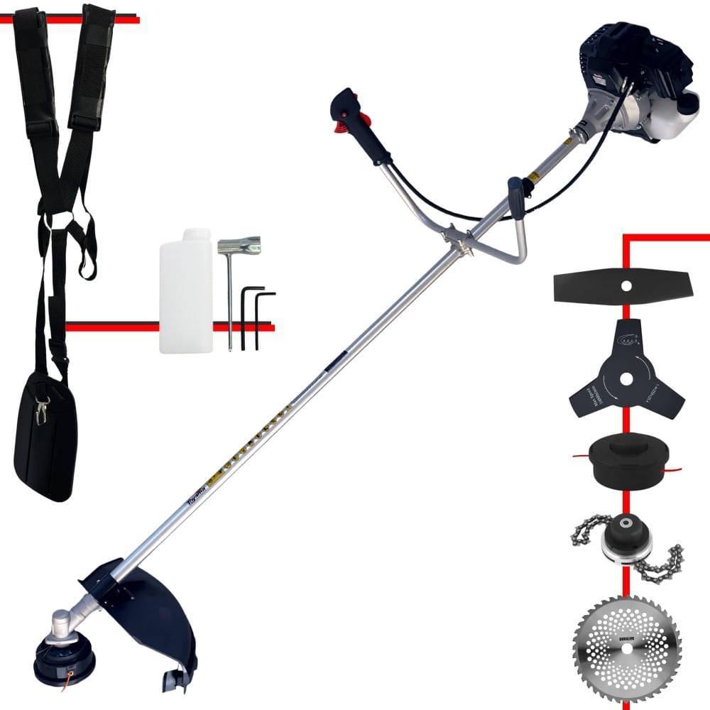 Roçadeira Lateral Toyama RT43LB25A À Gasolina 43cc 1,7HP Alta Rotação Para Todos os Tipos de Trabalho Com Carretel Nylon + Kit de 4 Lâminas de Cortes