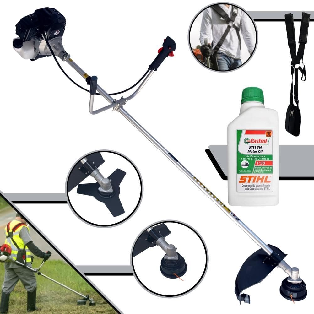 Roçadeira Lateral À Gasolina Toyama RT43LB25A 43cc 1,7HP de Potência 2 Tempos Alta Rotação Completa Com Carretel + Faca 3 Pontas + ÓLEO STIHL 8017