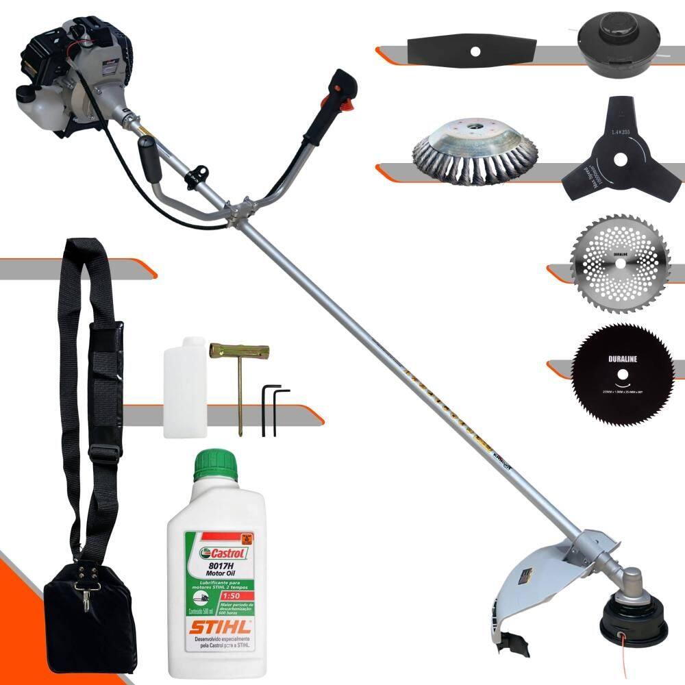 Roçadeira Multifuncional Com Sistema Anti-Vibração Toyama TBC43H À Gasolina 43cc 1,7HP de Potência 12000rpm Completa 6 Em 1 + ÓLEO STIHL 8017 2 Tempos