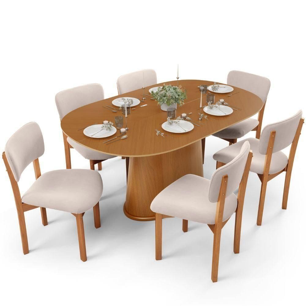 Mesa Para Sala De Jantar Valência Com 06 Cadeiras Sala De Jantar Dara L02 Suede Bege - Lyam Decor
