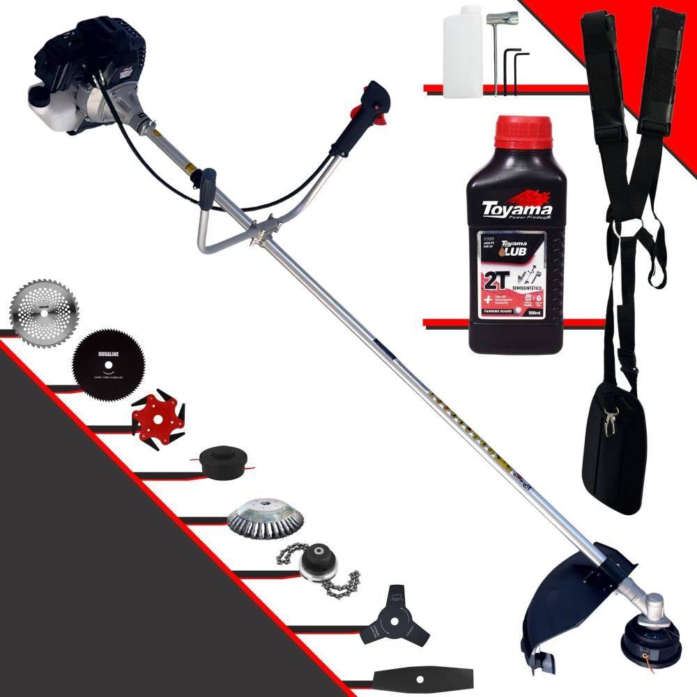 Roçadeira Com Sistema Antivibração Toyama RT43LB25A À Gasolina 43cc 1,7HP de Potência Alta Rotação Com Carretel + Kit 7 Lâminas Extras + ÓLEO TOYAMA