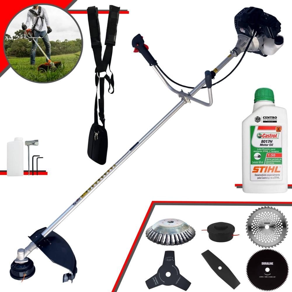 Roçadeira Lateral Toyama RT43LB-25A 43cc Com Lâmina Facão, Lâmina 3 Pontas, Lâmina 40 Dentes de Vídea, Lâmina 80 Dentes + Escova de Aço + ÓLEO STIHL