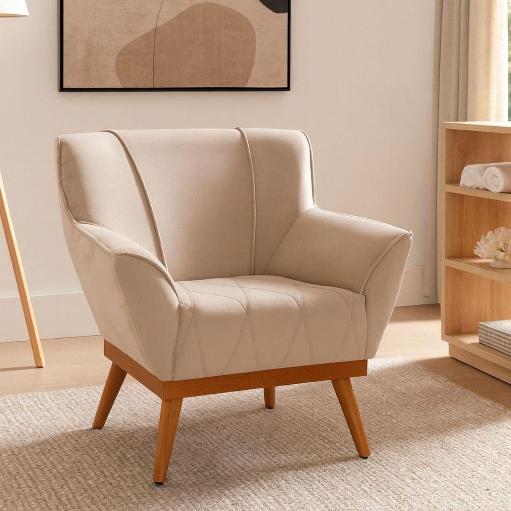 Poltrona Adria Moderna Em Veludo Bege Com Pés De Madeira