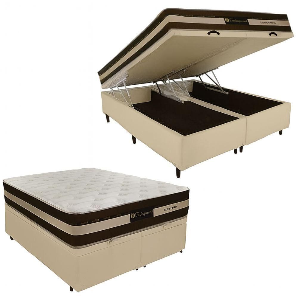 Cama Box Baú Queen Sintético + Colchão Esplendor Molas Ensacadas Luckspuma 158x198x75 Bege
