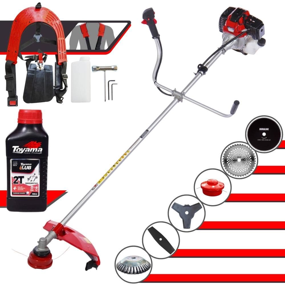 Roçadeira Com Sistema Anti-Vibração À Gasolina Toyama RT52L 52cc 2HP 10.000rpm Completo Com Kit 4 Lâminas + Carretel + Escova de Aço + ÓLEO TOYAMA