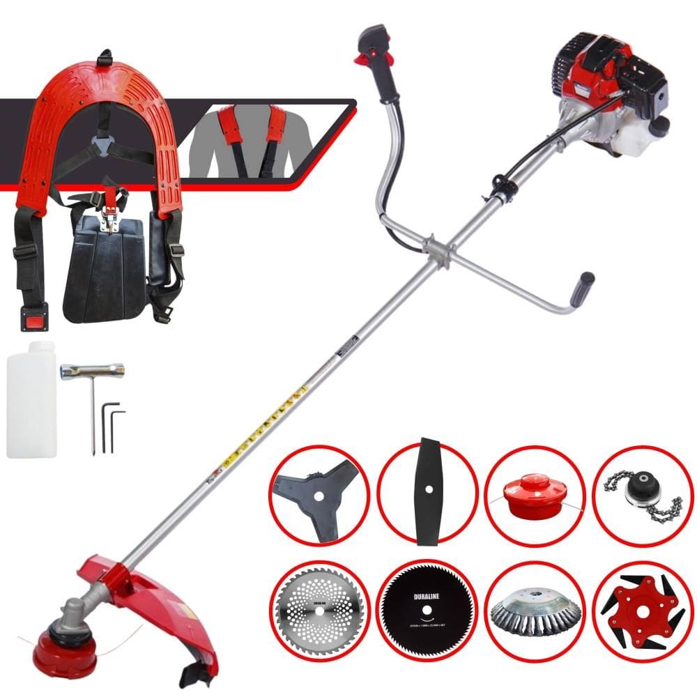 Podador de Grama Toyama RT52L 52cc 2T 2HP Com Carretel de Nylon + Facas 2 Pontas, 3 Pontas, 6 Pontas, 40 Dentes, 80 Dentes, Trimmer e Escova de Aço