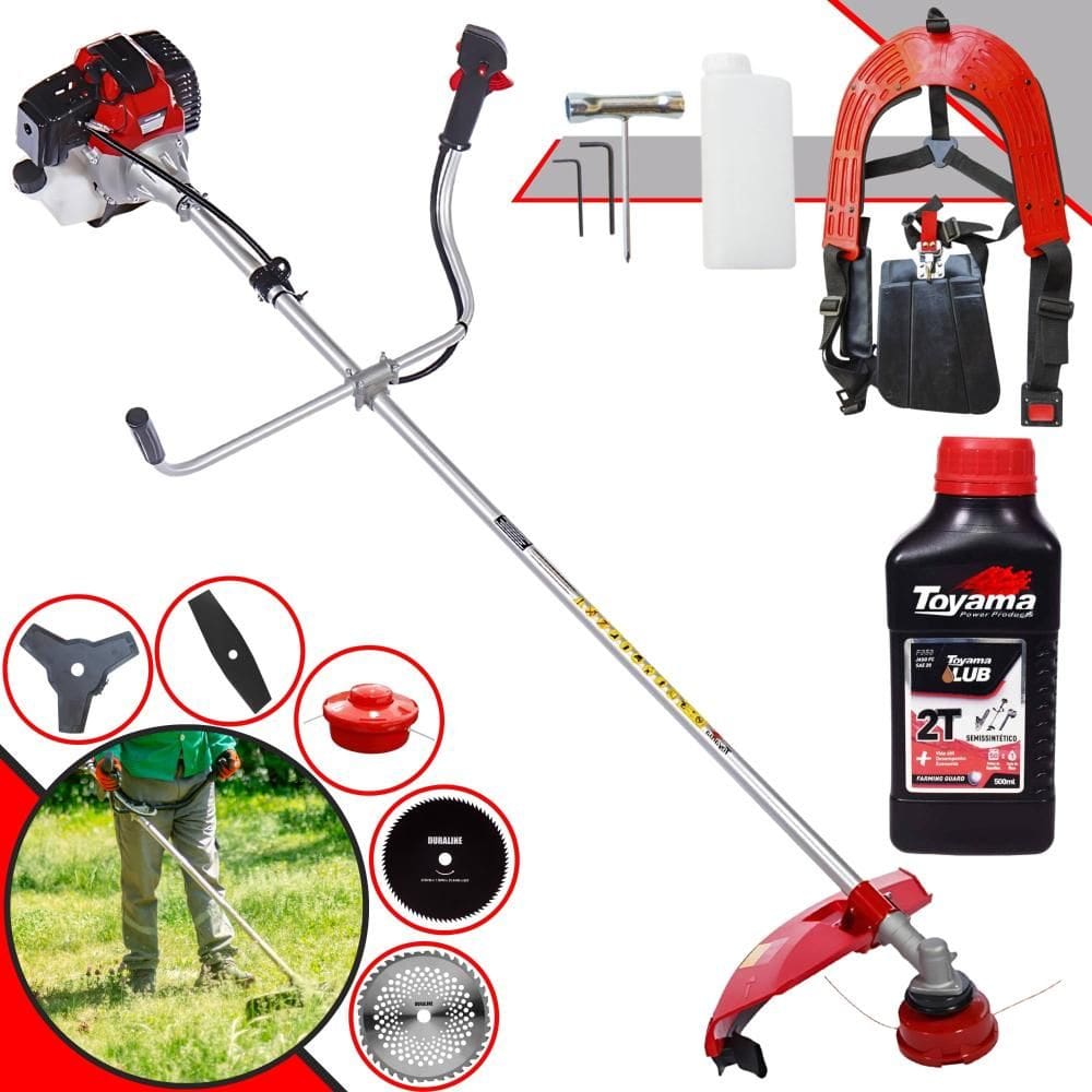 Roçadeira Com Sistema Anti-Vibração Toyama RT52L À Gasolina 52cc 2HP 10.000rpm Completa 5 Em 1 Com Carretel + Kit 4 Lâminas de Corte + ÓLEO TOYAMA