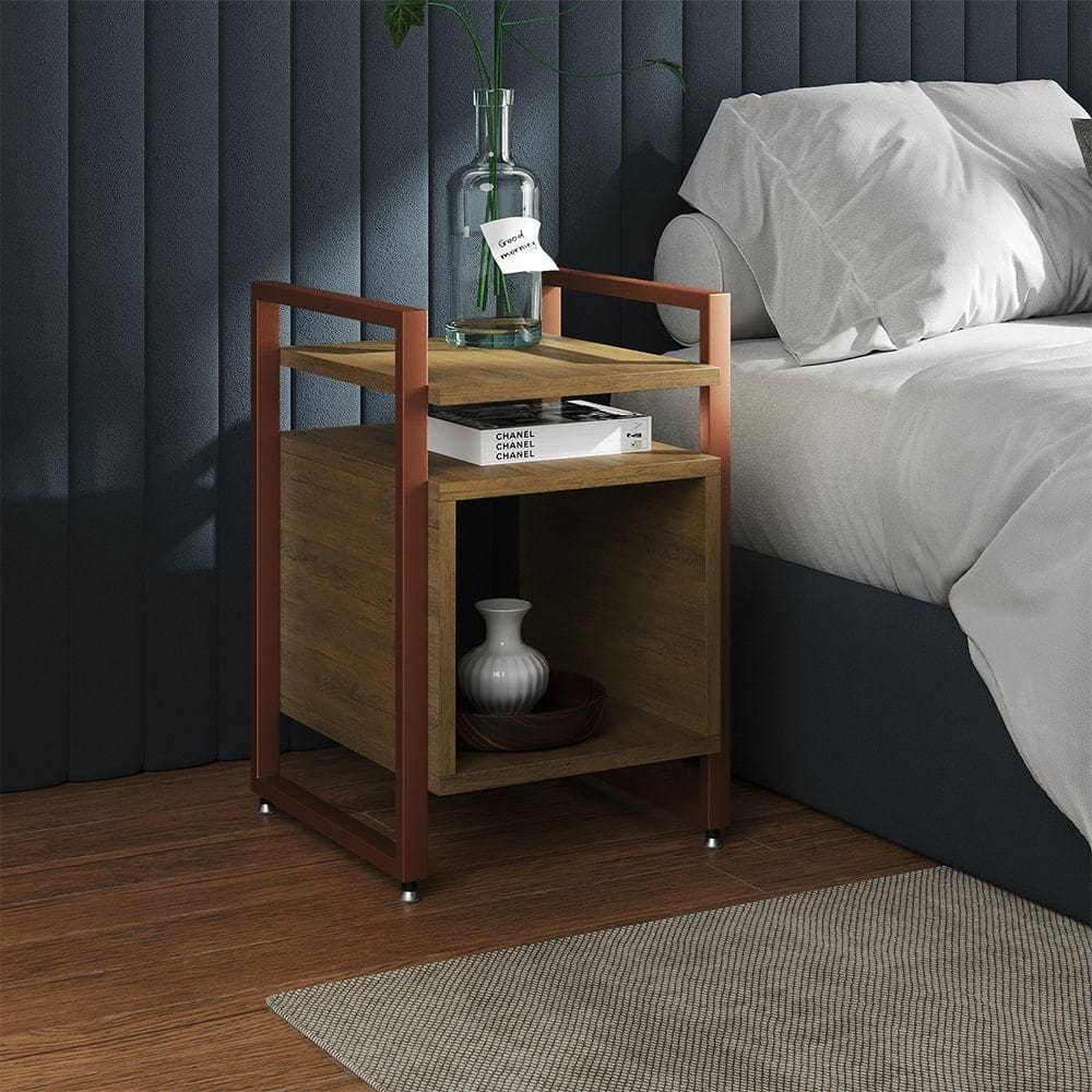 Mesa De Cabeceira Industrial Marrocos Ferro Cobre E Tampo Freijó