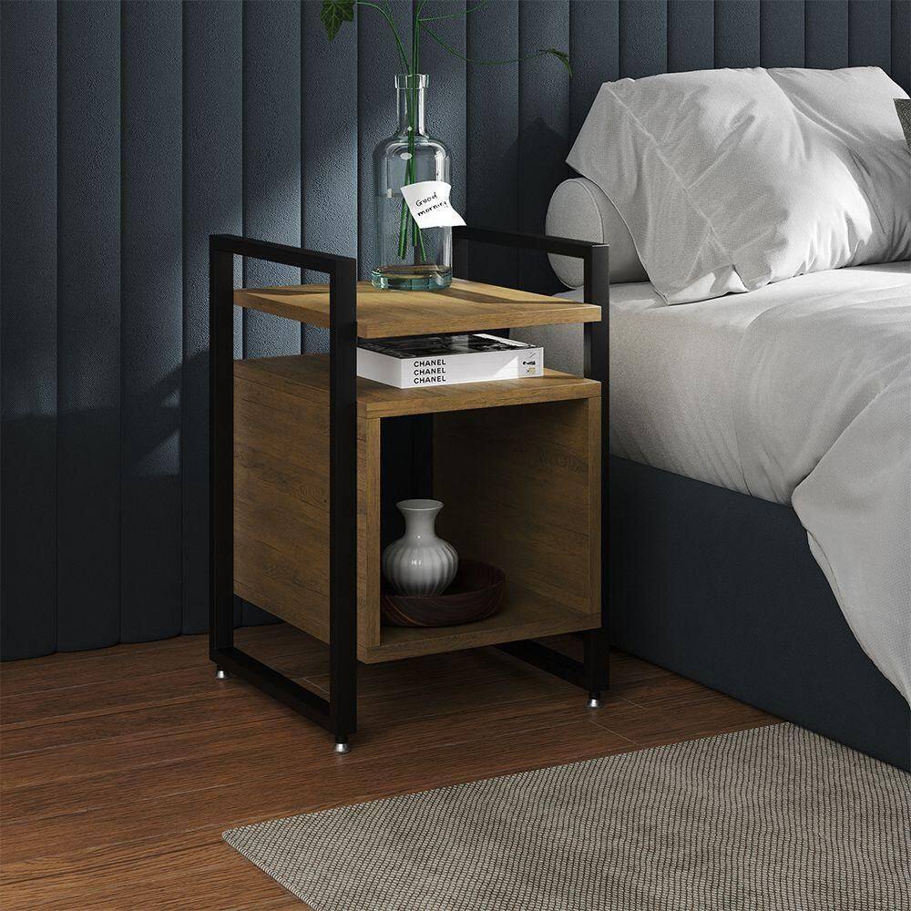 Mesa De Cabeceira Industrial Marrocos Ferro Preto E Tampo Freijó