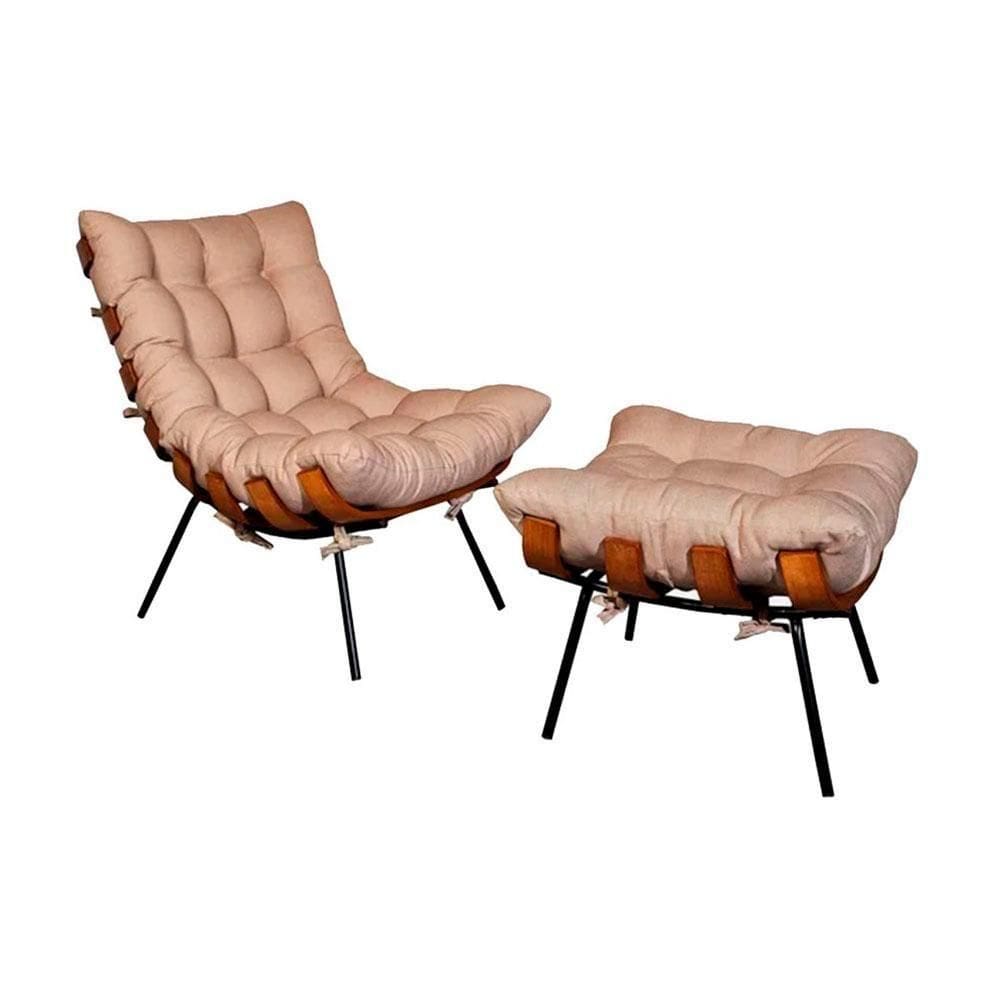 Poltrona Costela Com Puff Tecido Linho Bege