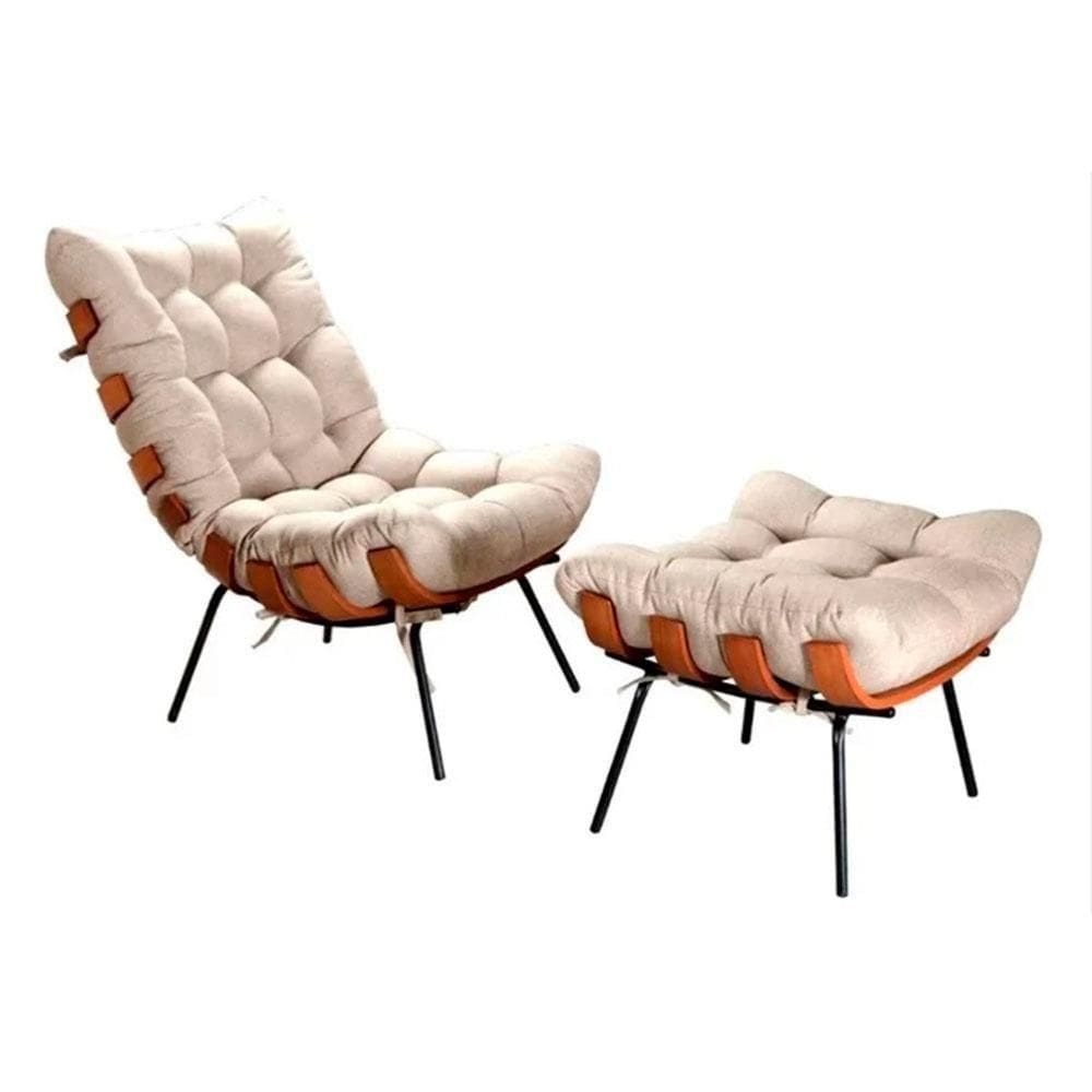 Poltrona Costela De Adão Com Puff Tecido Linho Off