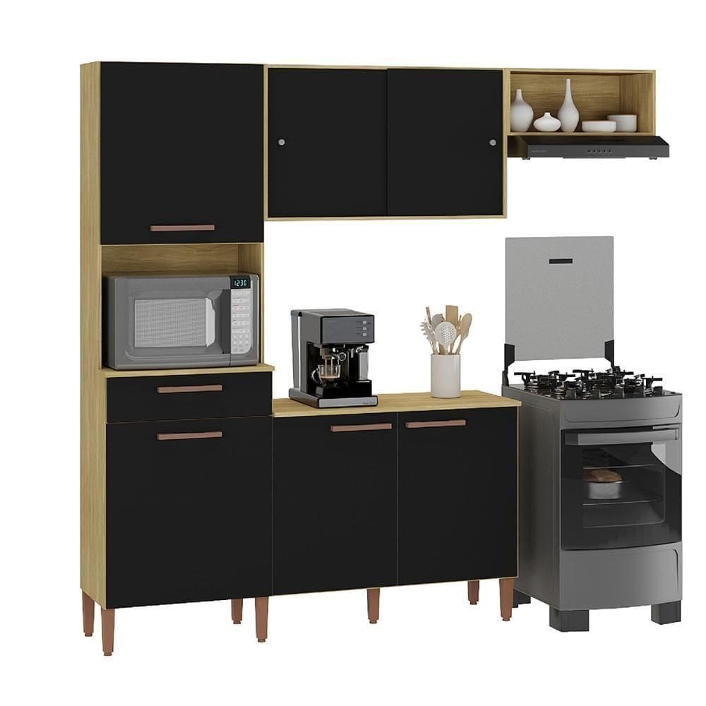 Armario Cozinha Com Balcão Pop Com 6 Portas E 1 Gaveta Wood Madeirado-preto Fosco