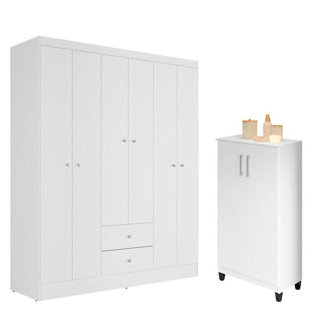 Guarda Roupa Solteiro Versa 6 Portas Branco Rosa Fosco Com Armário Multiuso Brisa Branco Fosco - Kits Paraná
