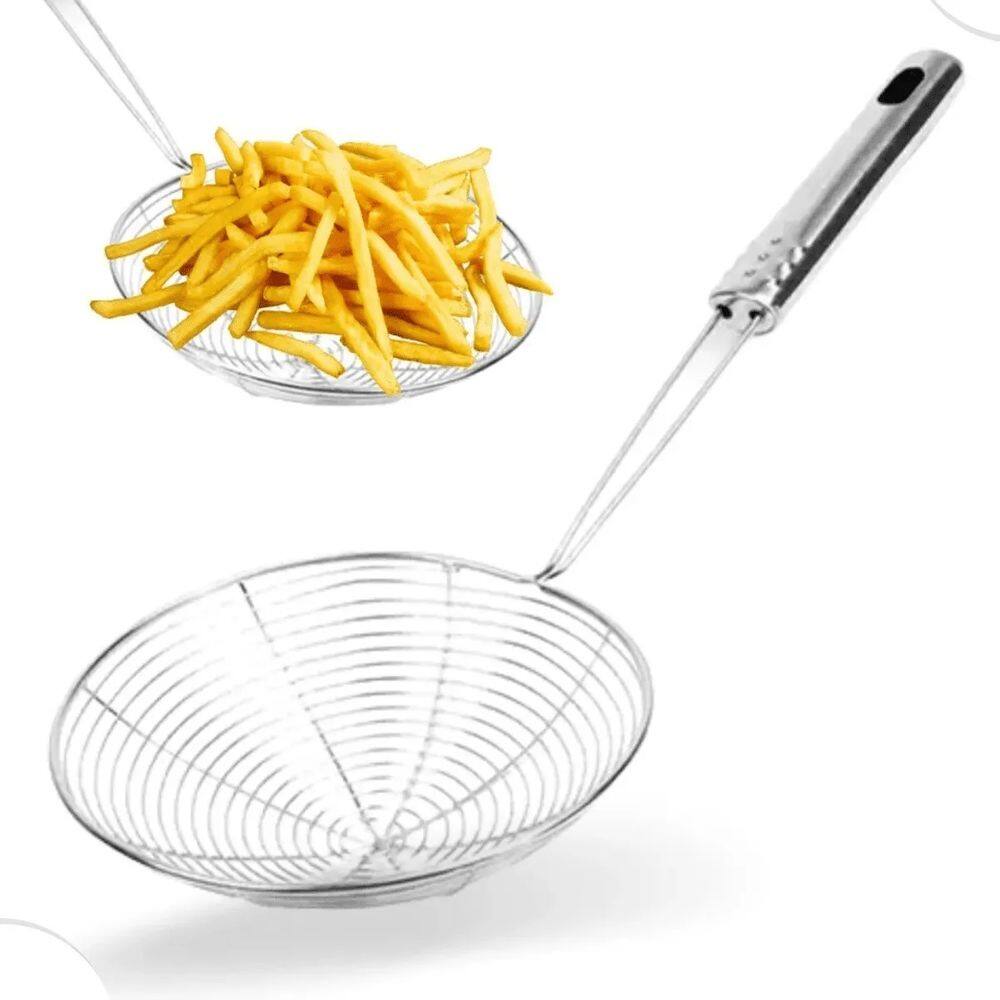 Escumadeira Peneira para Fritura - Batata Pastel Cesto Grande - Inox Cabo Metal 18,5 cm - PANAMI