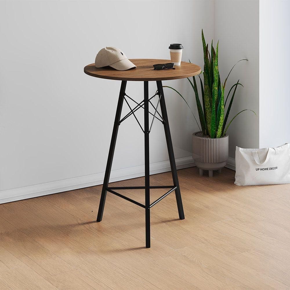 Mesa Bistrô Redonda Estrutura Em Ferro Preto Com Tampo Freijó