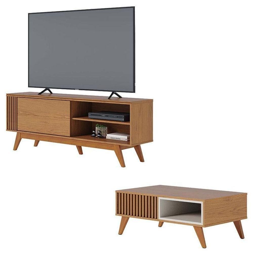 Rack Bancada Otawa Freijó Com Mesa De Centro Jeri Freijó Off White - Colibri