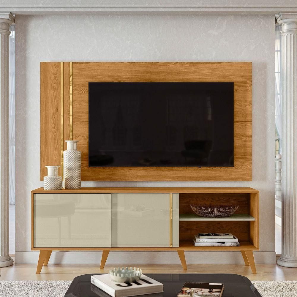 Painel Tv 60 Pol 160cm Com Rack Bancada Para Sala Hylon M20 - D`rossi Cor Cumaru E Opala