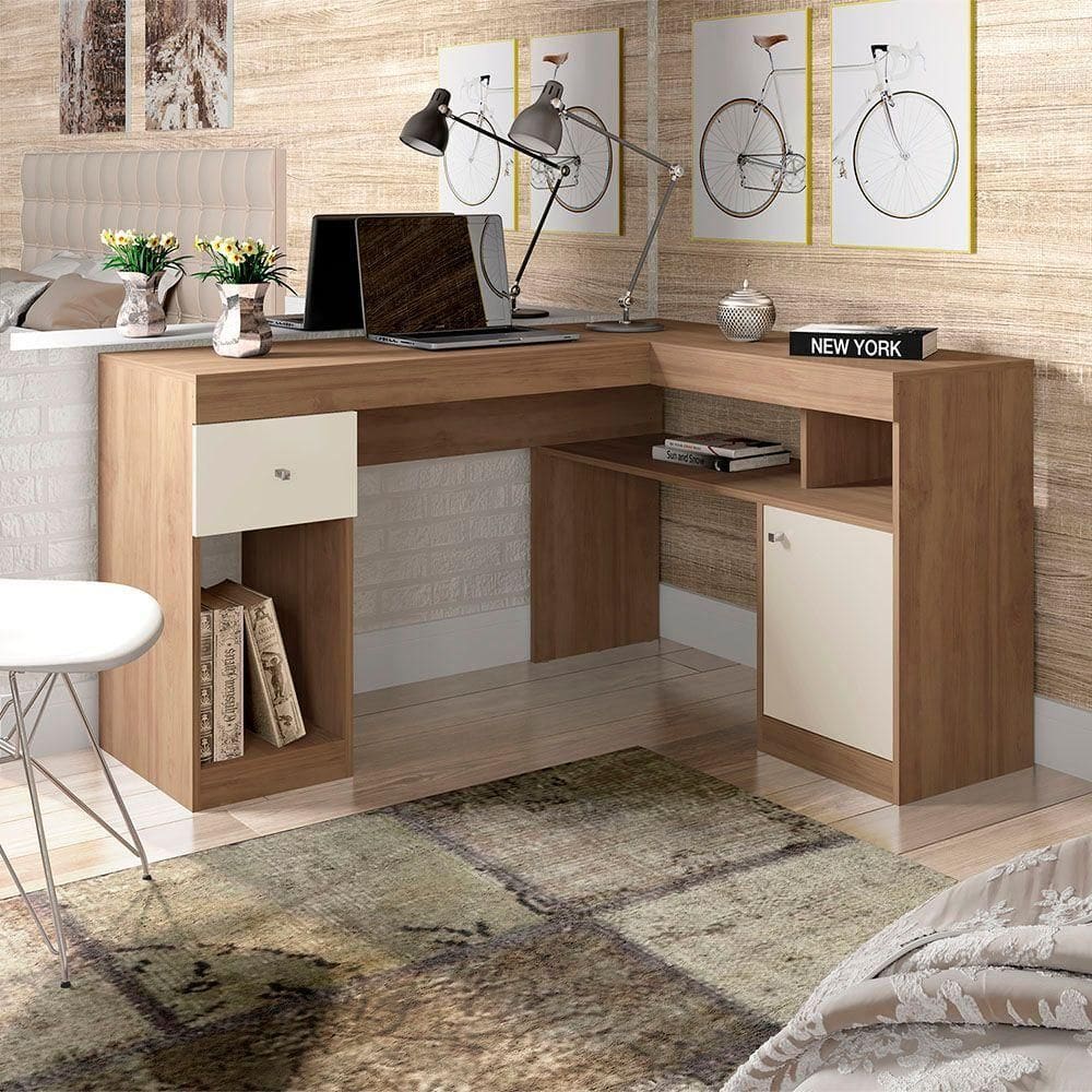 Escrivaninha Mesa Computador De Canto Office 137cm Suzan C01 - D`rossi Cor Bege Amarelado/off White