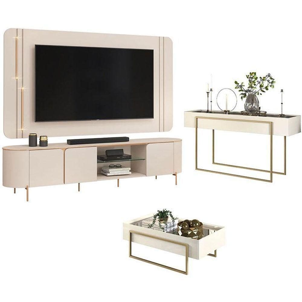 Rack Bancada Com Painel Ariana E Aparador Suri Com Mesa De Centro Suri Off White – Dj Móveis