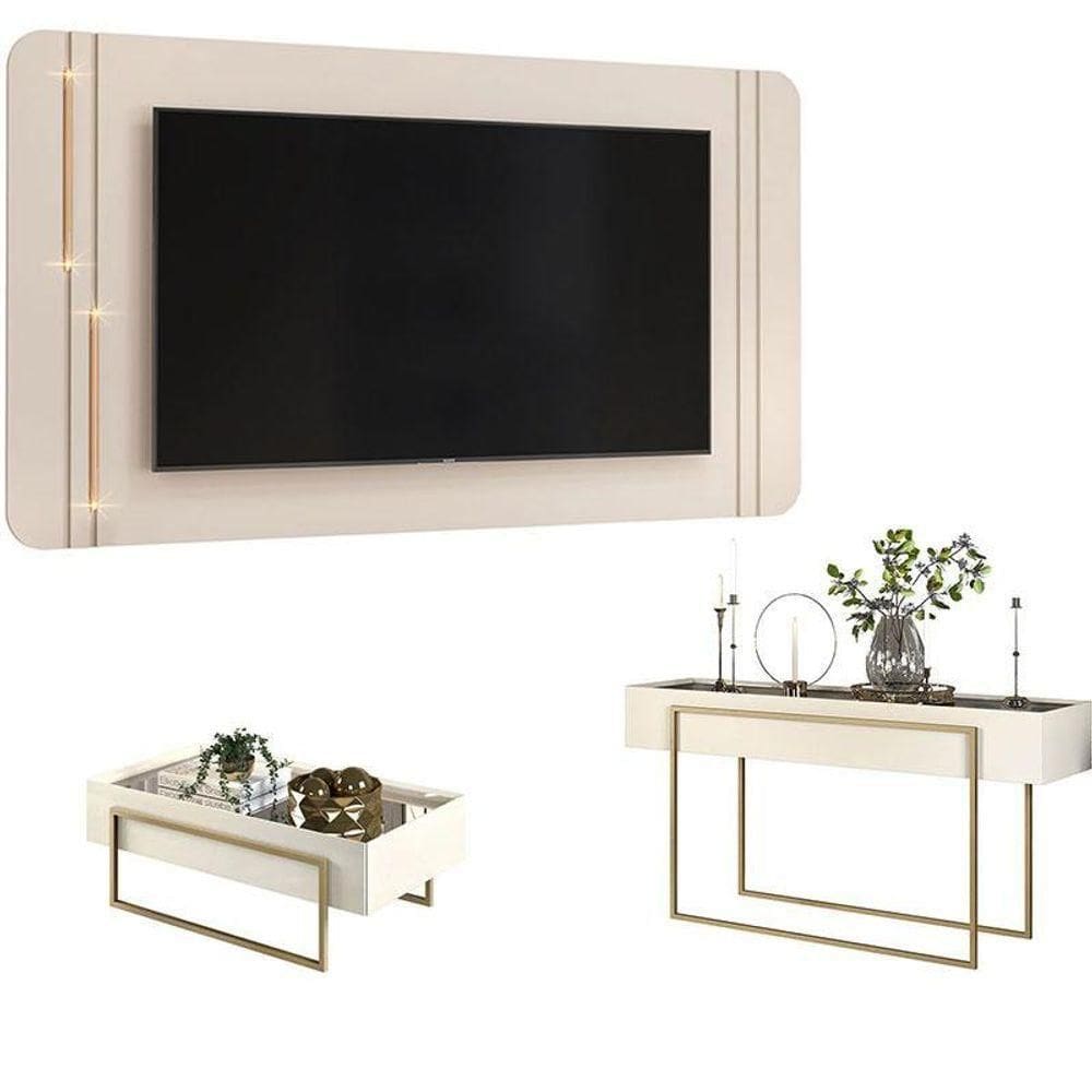 Painel Para Tv Suspenso Ariana Com Aparador Pilar E Mesa De Centro Pilar Off White – Dj Móveis