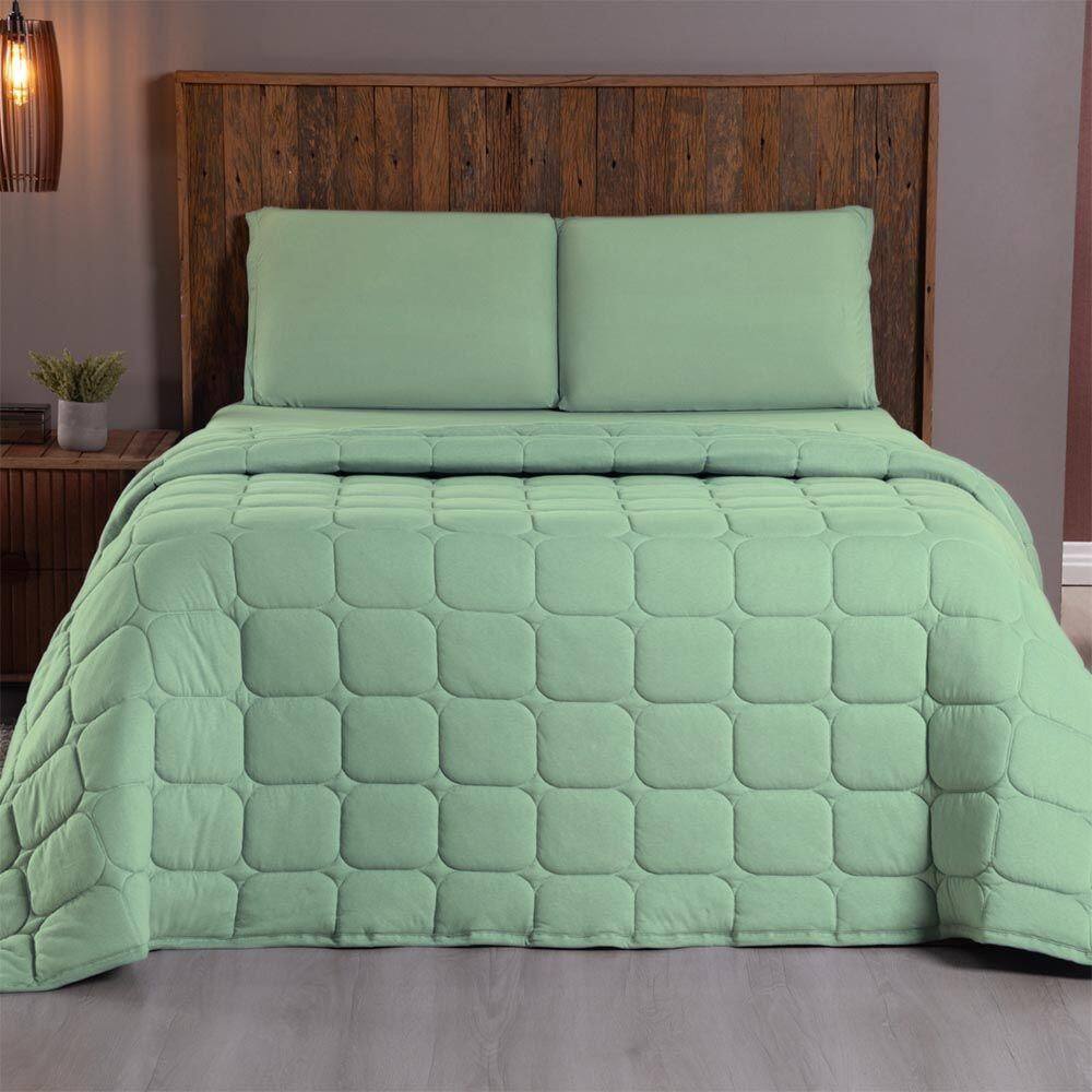 Kit Cobre Leito Colcha Minimal Queen 3 Peças Malha 100% Algodão - Verde